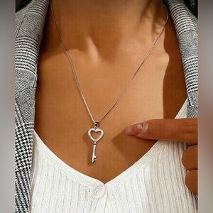 Silver Tone Heart Key Pendant Necklace
